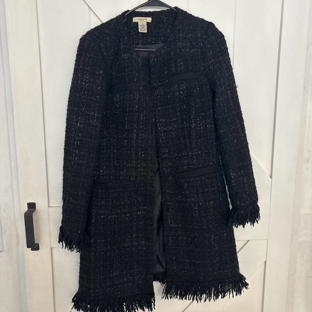 Wool Vertigo Paris Black Fringe Tweed Jacket